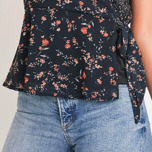 paper crane Black Multicolor Floral Double Print Surplice Wrap Peplum Tank Top - Picture 8 of 14